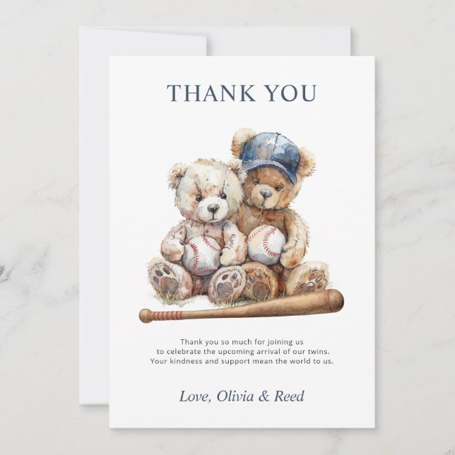 Baseball Teddy Bears Twins Baby Shower Thank You Card (Front)
