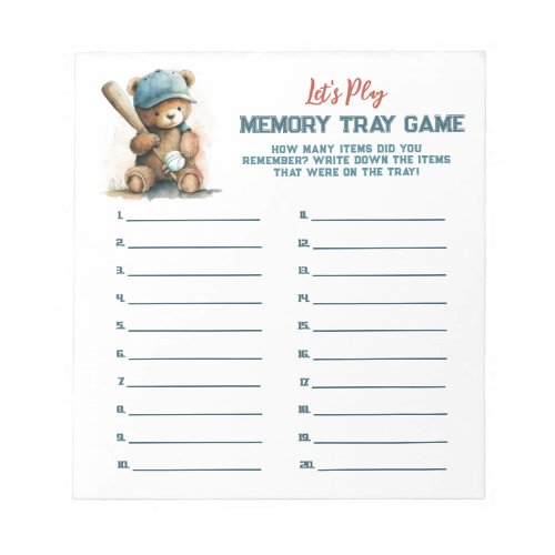 Baseball  Teddy Boy  Baby Shower Memory Tray Game Notepad