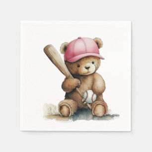 Baseball Teddy Pink Hat Bat Ball Baby Girl Napkins