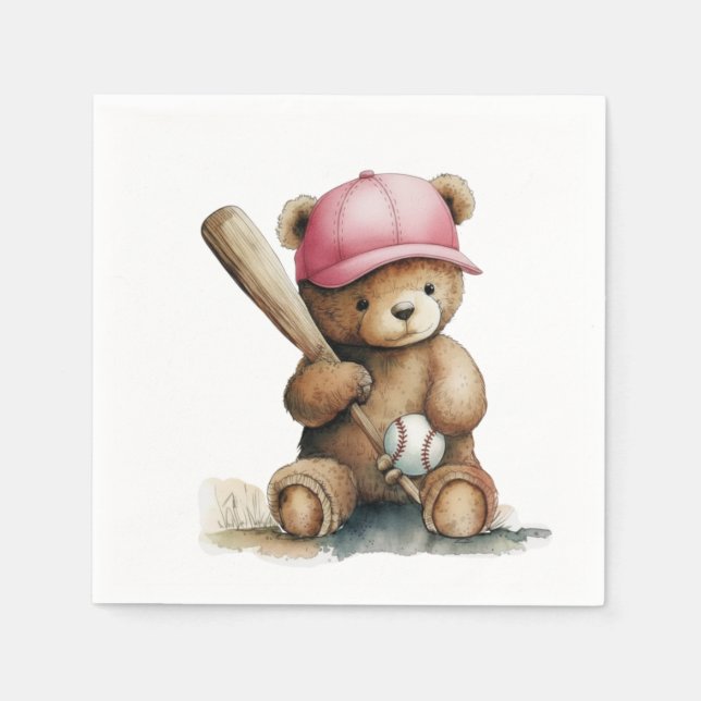 Baseball Teddy Pink Hat Bat Ball Baby Girl Napkins (Front)