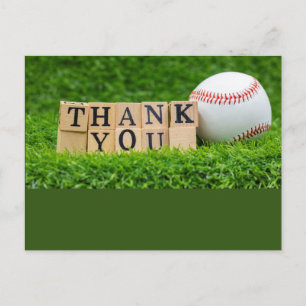Baseball thank you with baseball on green grass postcard