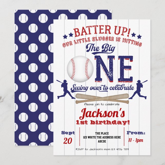 Baseball, the big One, Boy, 1st Birthday Party Invitation (Front/Back)