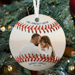 Baseball The Perfect Catch Couple Photo Christmas Metal Ornament<br><div class="desc">The perfect catch baseball round Christmas ornament with couple photo.  Personalize it with your wedding anniversary date,  names,  and a couple photograph.  Great for sports fans or athletes.</div>
