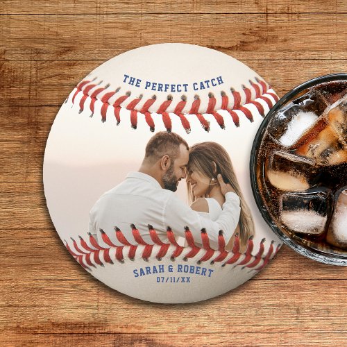 Baseball The Perfect Catch Couple Photo Wedding Round Paper Coaster