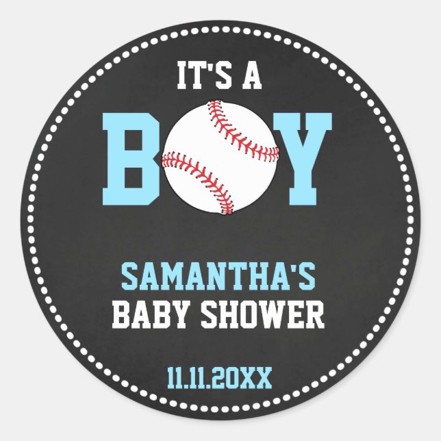 BASEBALL Theme Baby Shower Chalkboard Blue Boy Classic Round Sticker (Front)