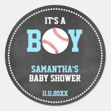 Baseball Theme Baby Shower Chalkboard Blue Boy Classic Round Sticker