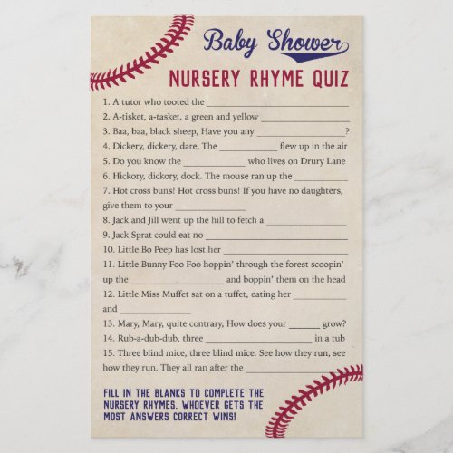 Baseball Theme Baby Shower Nursery Rhyme Quiz Game Flyer