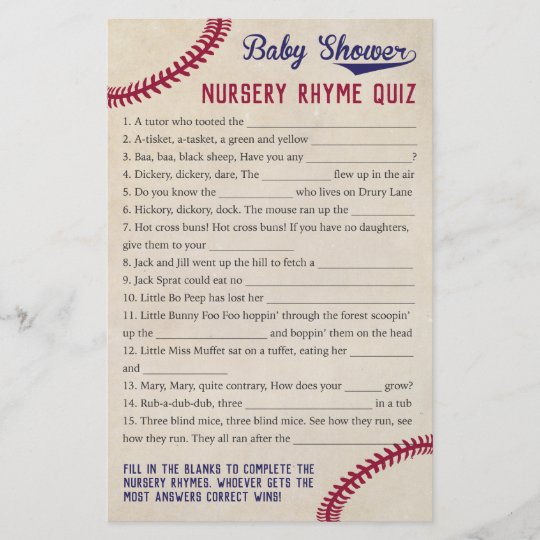 Baseball Theme Baby Shower Nursery Rhyme Quiz Flyer Baseball Theme Baby Shower Nursery Rhyme Quiz Flyer