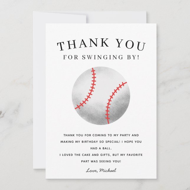 Baseball Theme Birthday Party Kids Thank You Card (Front)