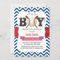 Baseball Theme Blue Chevron It's a Boy Baby Shower Invitation