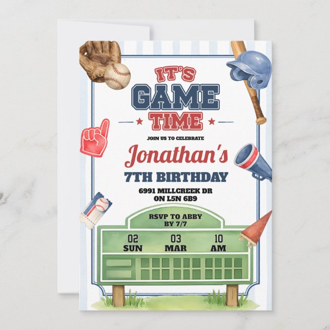 Baseball Theme Game Time Birthday Invitation (Front)