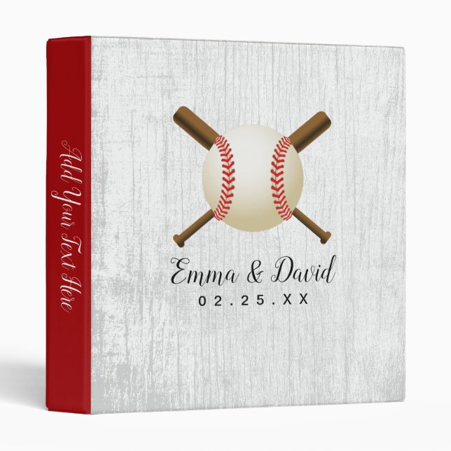 Baseball Theme Rustic Wood Texture Sport Wedding 3 Ring Binder (Front/Spine)