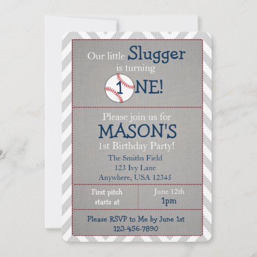 Baseball Themed 1st Birthday Party Invitation 5" X 7" Invitation Card