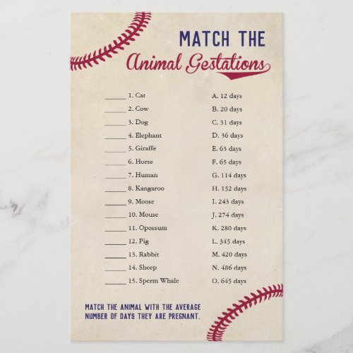 Baseball Themed Animal Gestation Match Shower Game Flyer