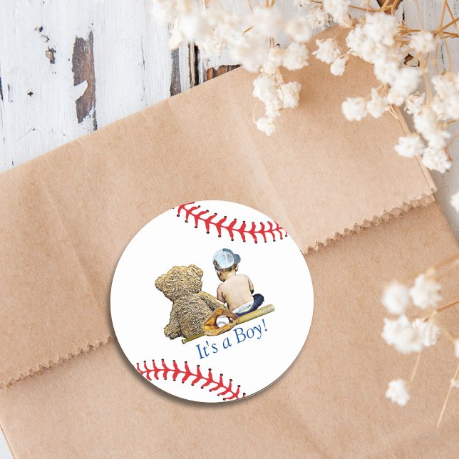 Baseball Themed Baby Shower Classic Round Sticker (Creator Uploaded)