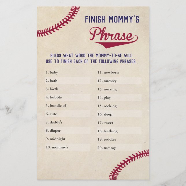 Baseball Themed Baby Shower Finish Mommy's Phrase Flyer (Front)