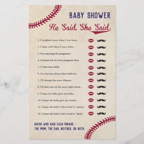 Baseball Themed Baby Shower He Said She Said Game Flyer