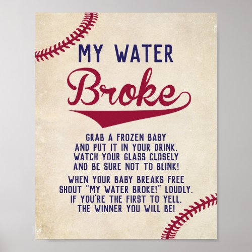 Baseball Themed Baby Shower My Water Broke Game Poster