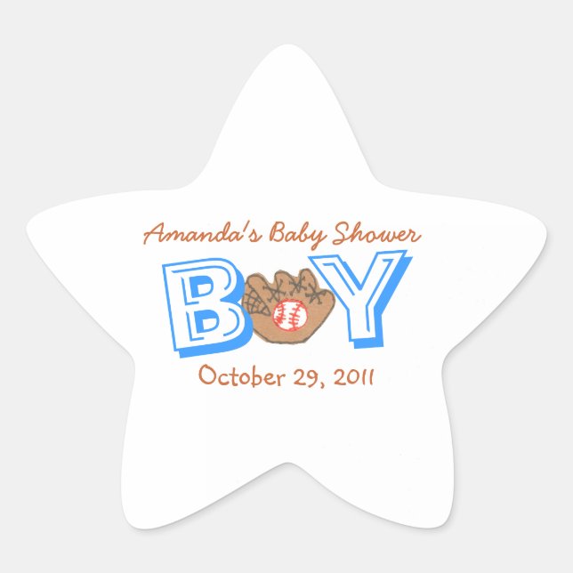 Baseball themed baby shower sticker -- baby boy (Front)