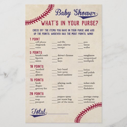 Baseball Themed Baby Shower Whats in Your Purse Flyer