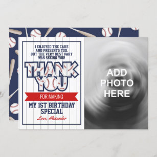 Baseball themed birthday thank you card with photo