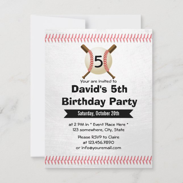 Baseball Themed Boy 5th Birthday Party Invitation (Front)