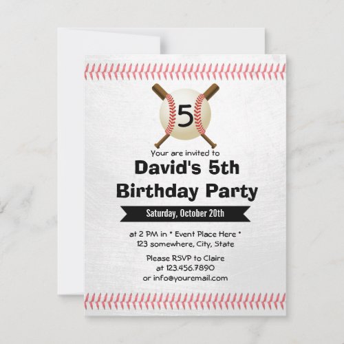 Baseball Themed Boy 5th Birthday Party Invitation