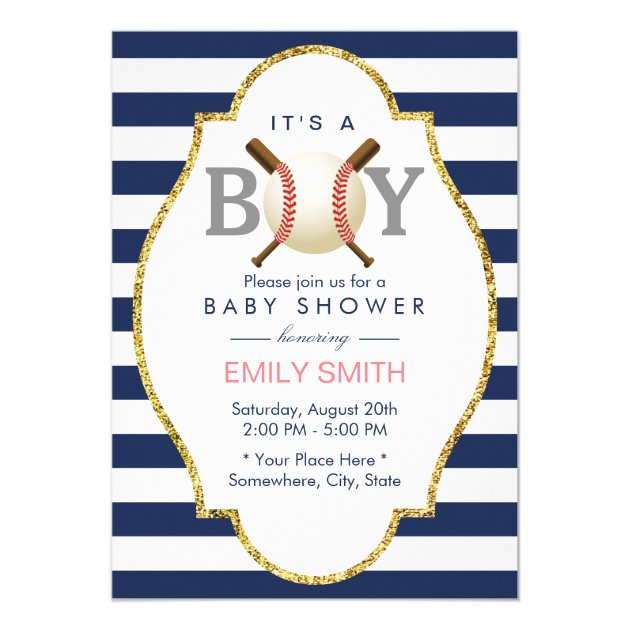 Baseball Themed Boy Navy Blue Stripes Baby Shower Invitation