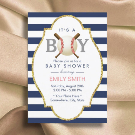 Baseball Themed Boy Navy Blue Stripes Baby Shower Invitation