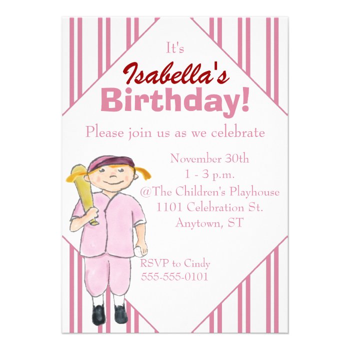 Baseball Themed Girl's Birthday Party Invitation