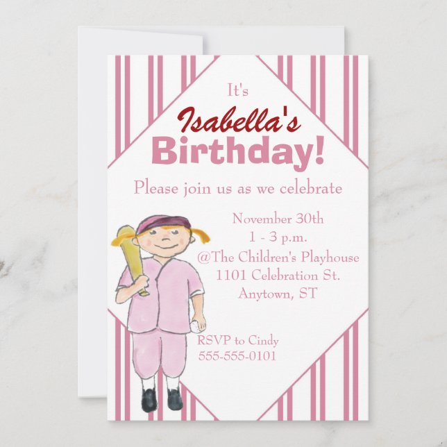 Baseball-Themed Girl's Birthday Party Invitation (Front)