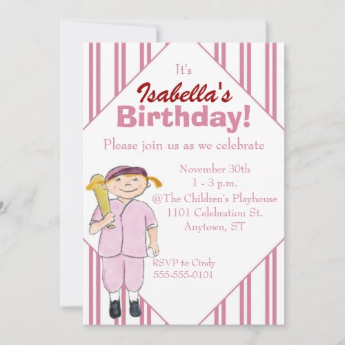 Baseball-Themed Girl's Birthday Party Invitation