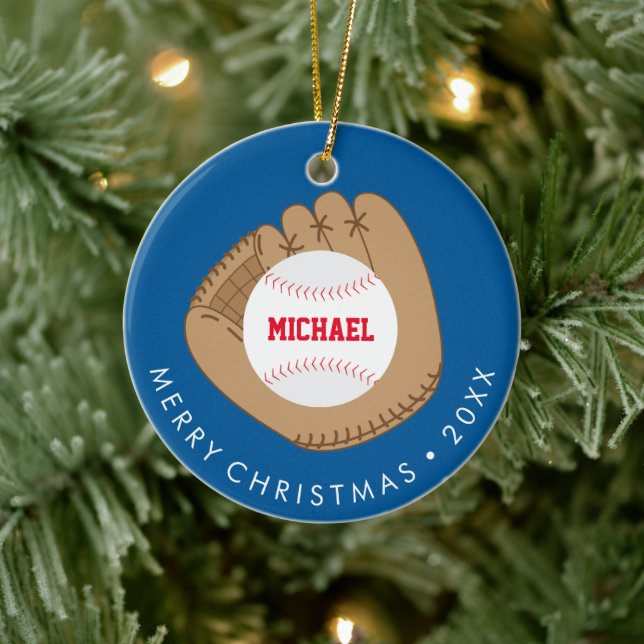 Baseball Themed Personalized Kids Photo Ceramic Ornament (Tree)