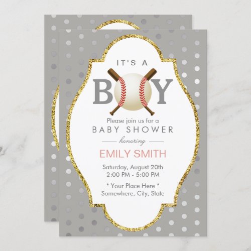 Baseball Themed Silver Polka Dots Boy Baby Shower Invitation