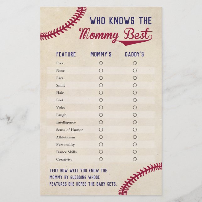 Baseball Themed Who Knows Mommy Best Shower Game Flyer (Front)