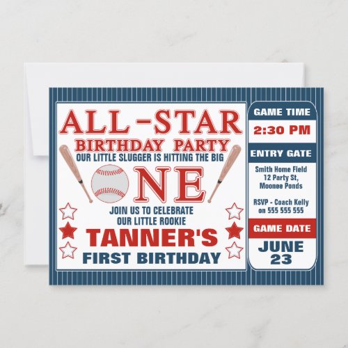 Baseball Ticket 1st Birthday Party Invitation