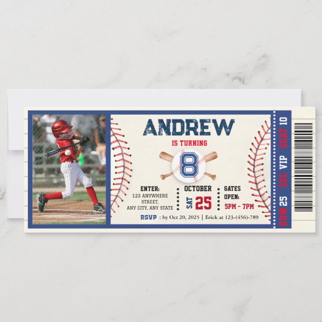 Baseball ticket any age birthday With photo Invitation (Front)