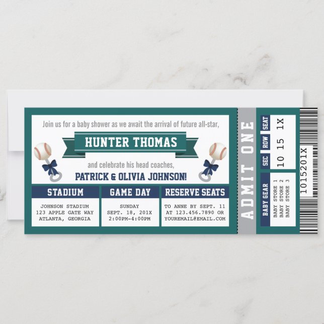 Baseball Ticket Baby Shower, Blue, Green Invitation (Front)