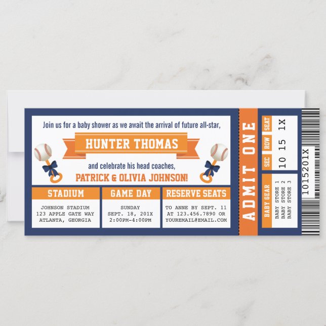 Baseball Ticket Baby Shower, Blue, Orange Invitation (Front)