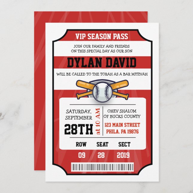 BASEBALL TICKET Bar Bat Mitzvah Invitation (Front/Back)