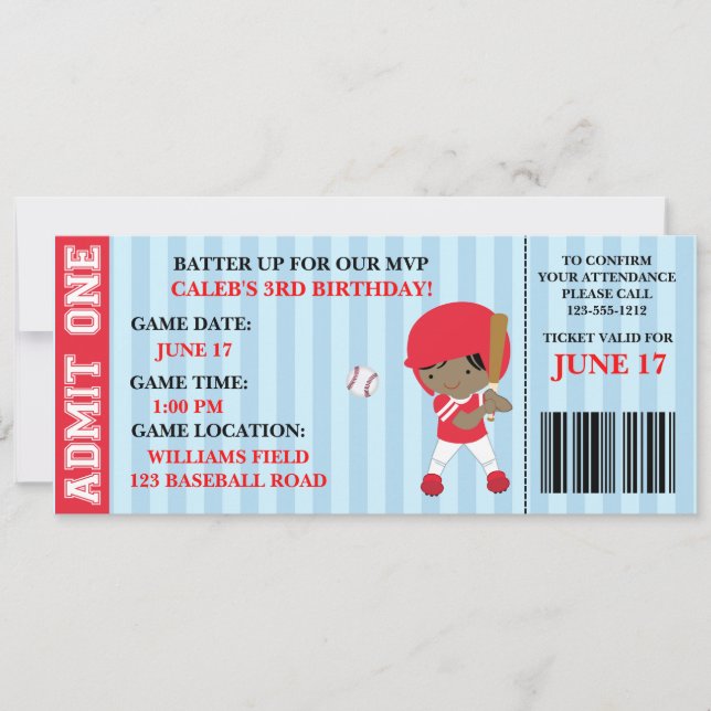 Baseball ticket birthday invitation customizable (Front)