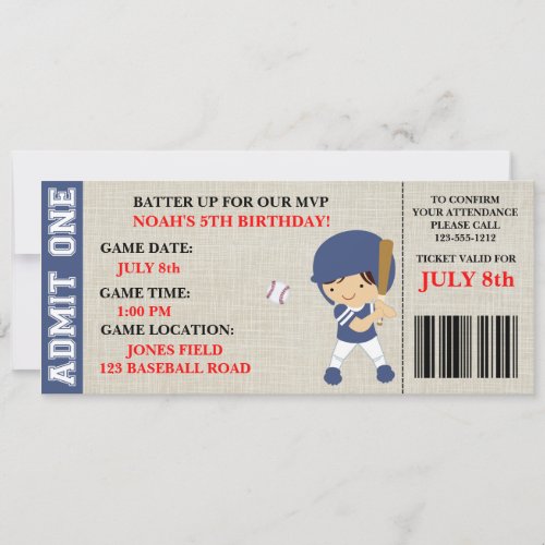 Baseball ticket birthday invitation customizable