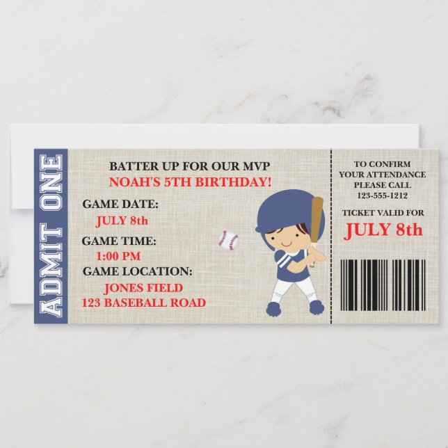 Baseball ticket birthday invitation customizable (Front)