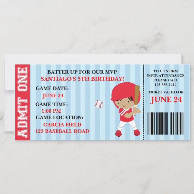 Baseball ticket birthday invitation customizable (Front)