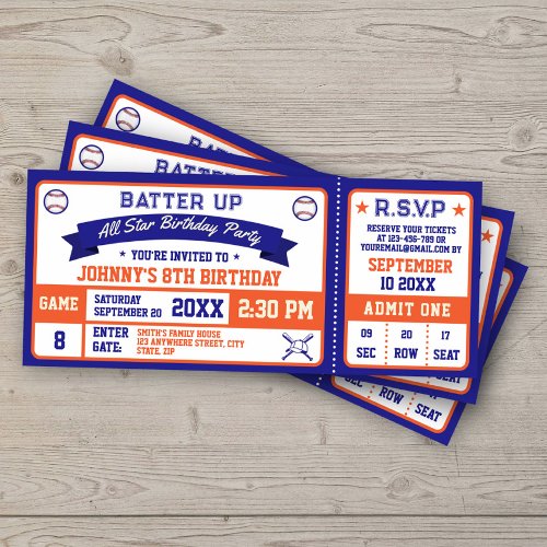 Baseball Ticket Birthday Party Blue Orange Invitation