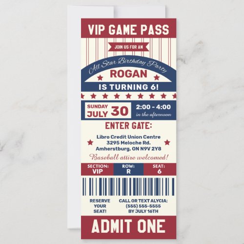 Baseball Ticket Birthday Party Invitation