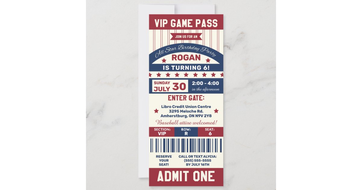 Baseball Ticket Birthday Party Invitation