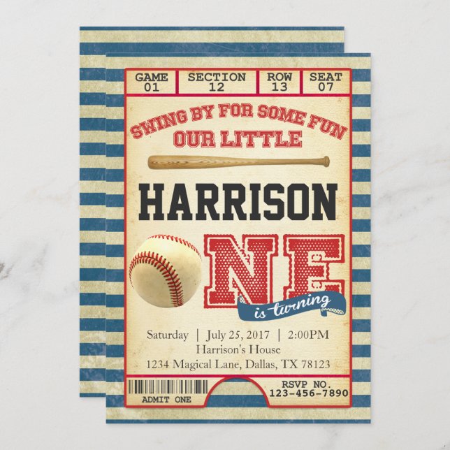 Baseball Ticket Birthday Party Invitation Invite (Front/Back)
