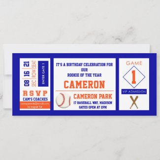 Baseball Ticket Birthday Party Invitation Orange