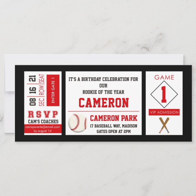 Baseball Ticket Birthday Party Invitation Red (Front)
